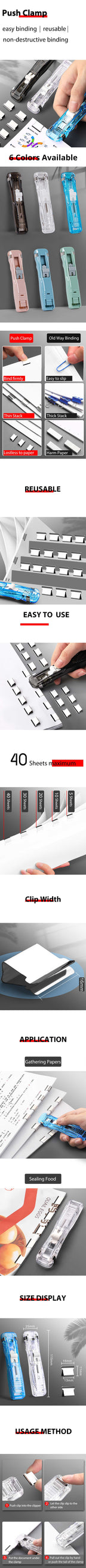 Traceless Reusable Hand Clamp Push Stapler, Paper Book File, Office, School Student Binder, Binding Tools, Supplies Accessories