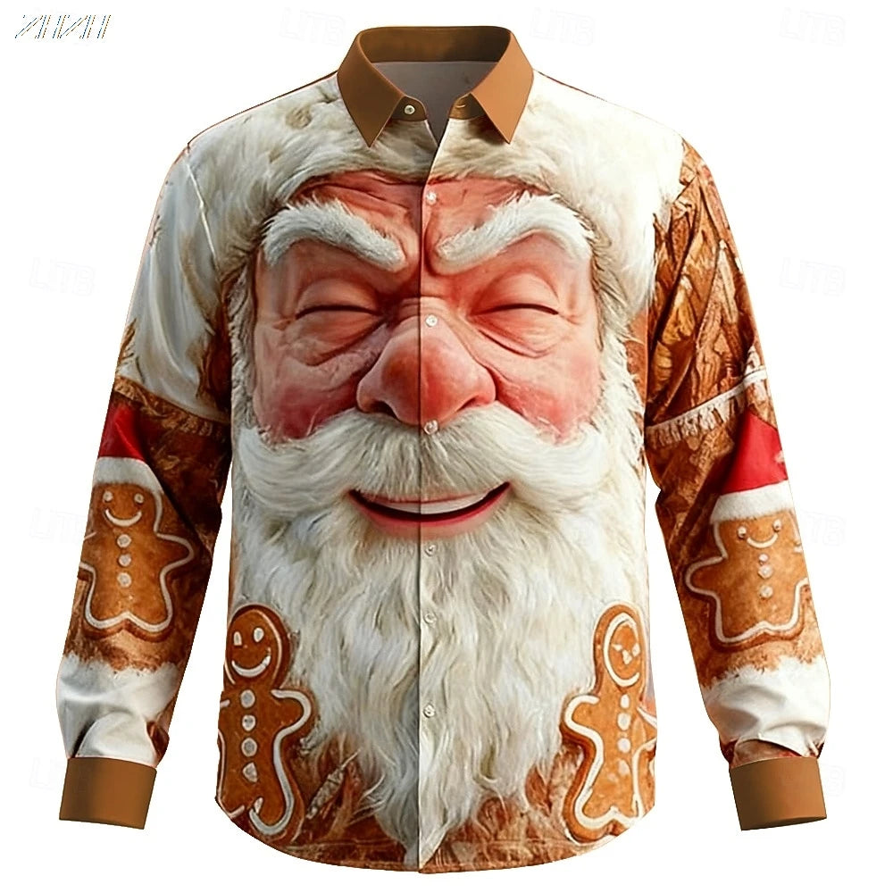 Fashion Men's Funny Santa Face Shirt, 3D Print Button Up Collared, 2025 Christmas Long Sleeve Top, Spring Fall Holiday Wear