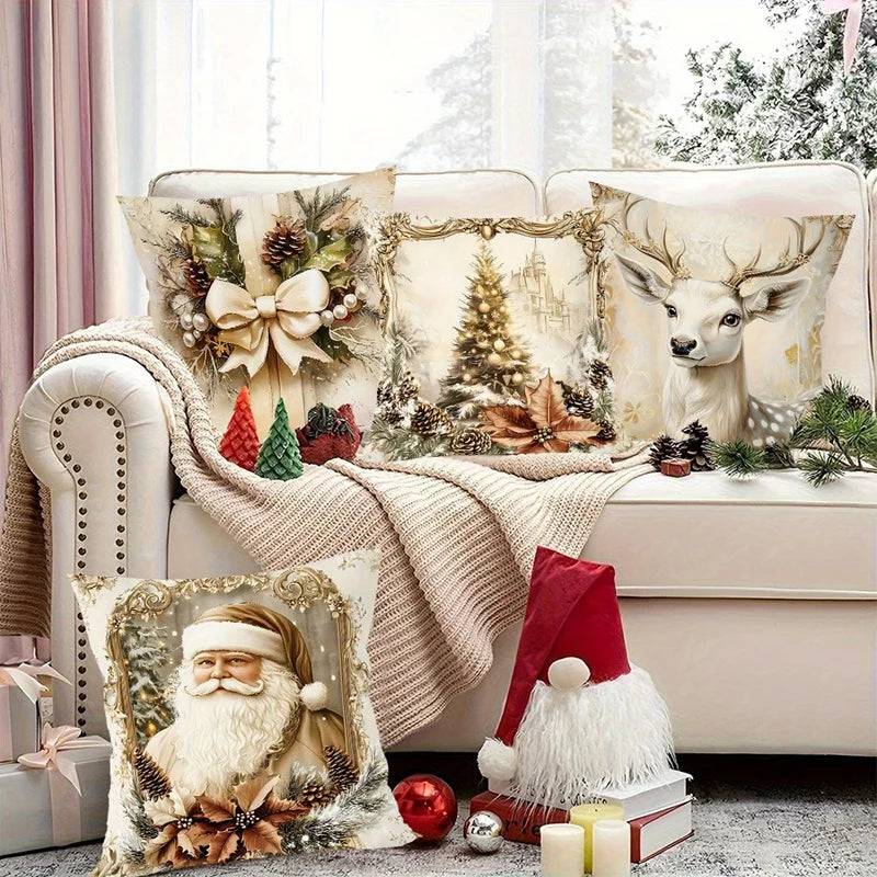 4pcs Vintage Christmas Santa Deer Tree Bow Throw Pillow Covers Golden Holiday Decorative Pillowcases for Sofa Couch Home Decor