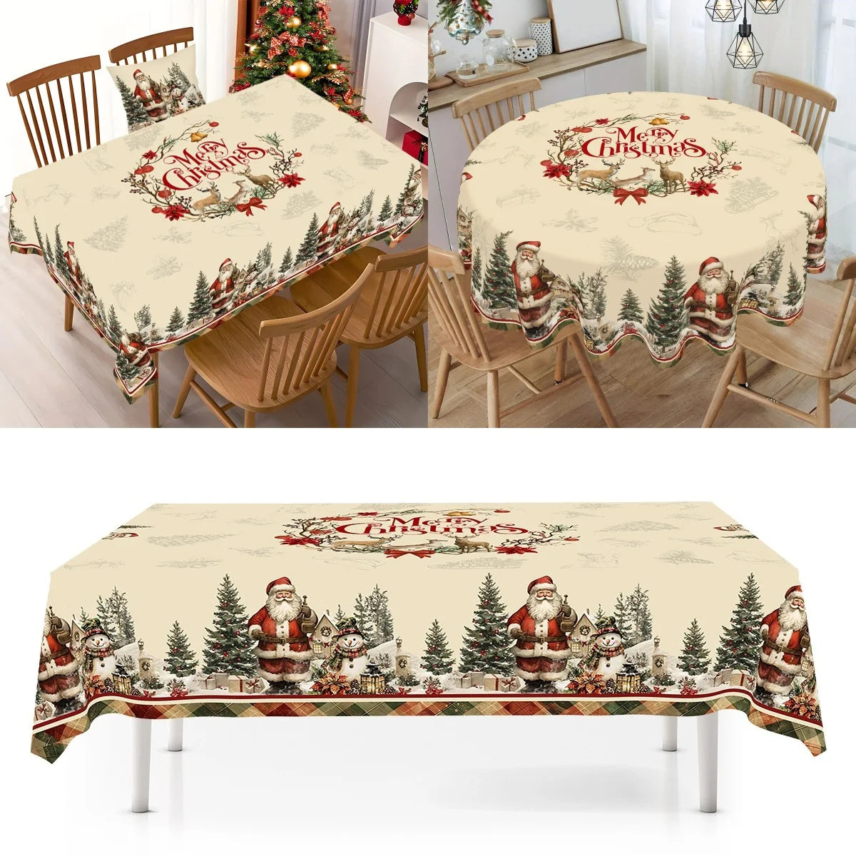 Vintage Christmas Tablecloth Rustic Santa Claus Snowman Table Cover Christmas Decorations for Home 2025 Gifts Navidad New Year