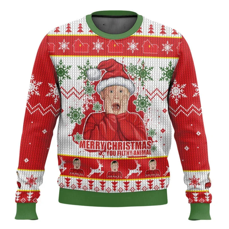 Merry Christmas alone at home Ugly Christmas sweater cartoon animation Men's pullover 2026 fashionable couple shirts Sweatshirt