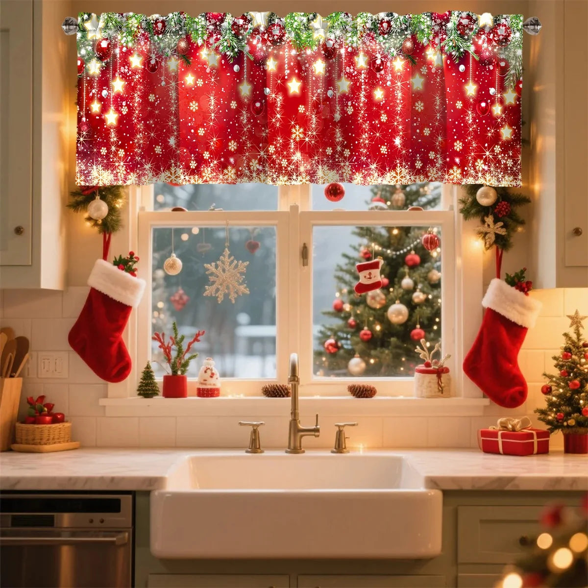 Christmas Curtain Valance Xmas Rod Pocket Window Treatment for Living Room Kitchen Bedroom Christmas Decorations For Home 2025