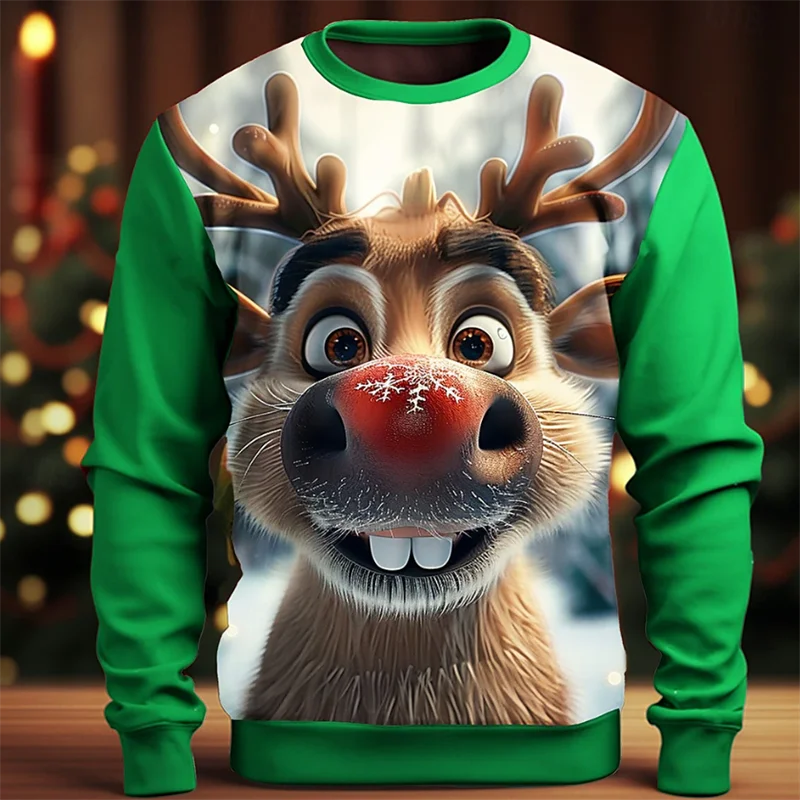 Cute Reindeer Graphic Men's Women's Sweatshirt Christmas Theme Long Sleeve O-Neck Hoodies Autumn Winter Fashion Creative Clothes