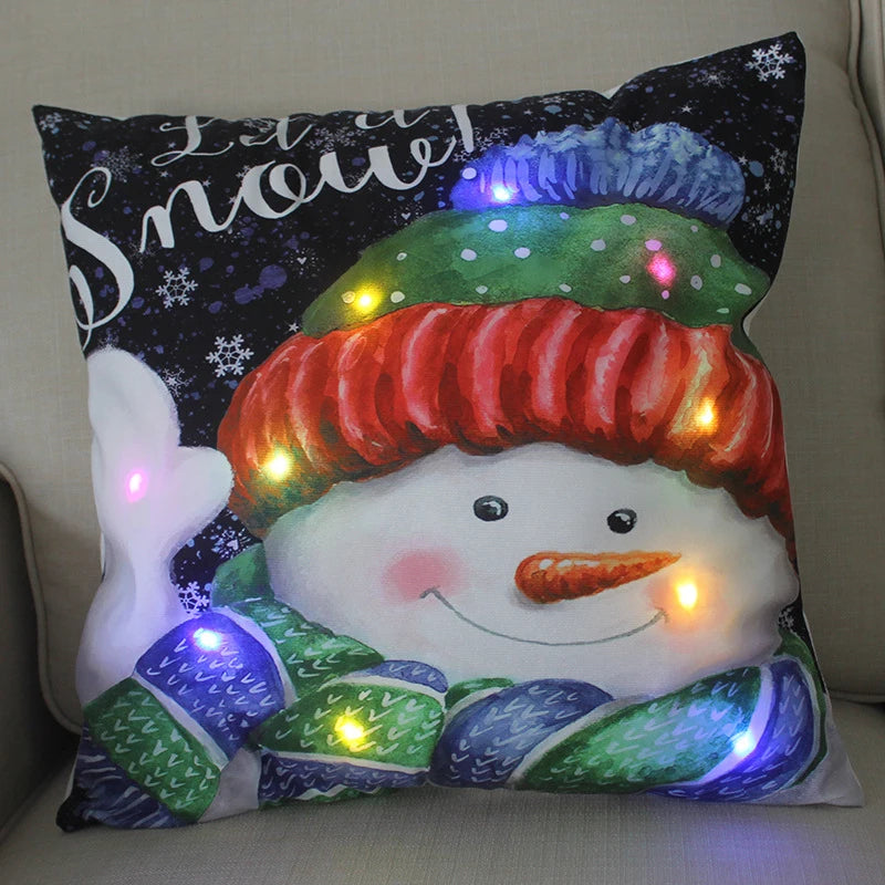 LED Light Christmas Pillow Cushions Cover Santa Elk Snowflake Xmas Lantern  Glow Pillowcase Winter Holiday Decoration