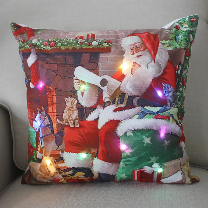 LED Light Christmas Pillow Cushions Cover Santa Elk Snowflake Xmas Lantern  Glow Pillowcase Winter Holiday Decoration