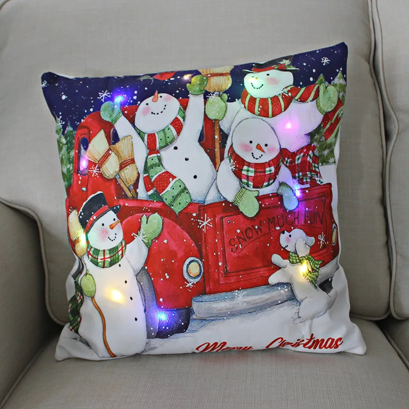 LED Light Christmas Pillow Cushions Cover Santa Elk Snowflake Xmas Lantern  Glow Pillowcase Winter Holiday Decoration