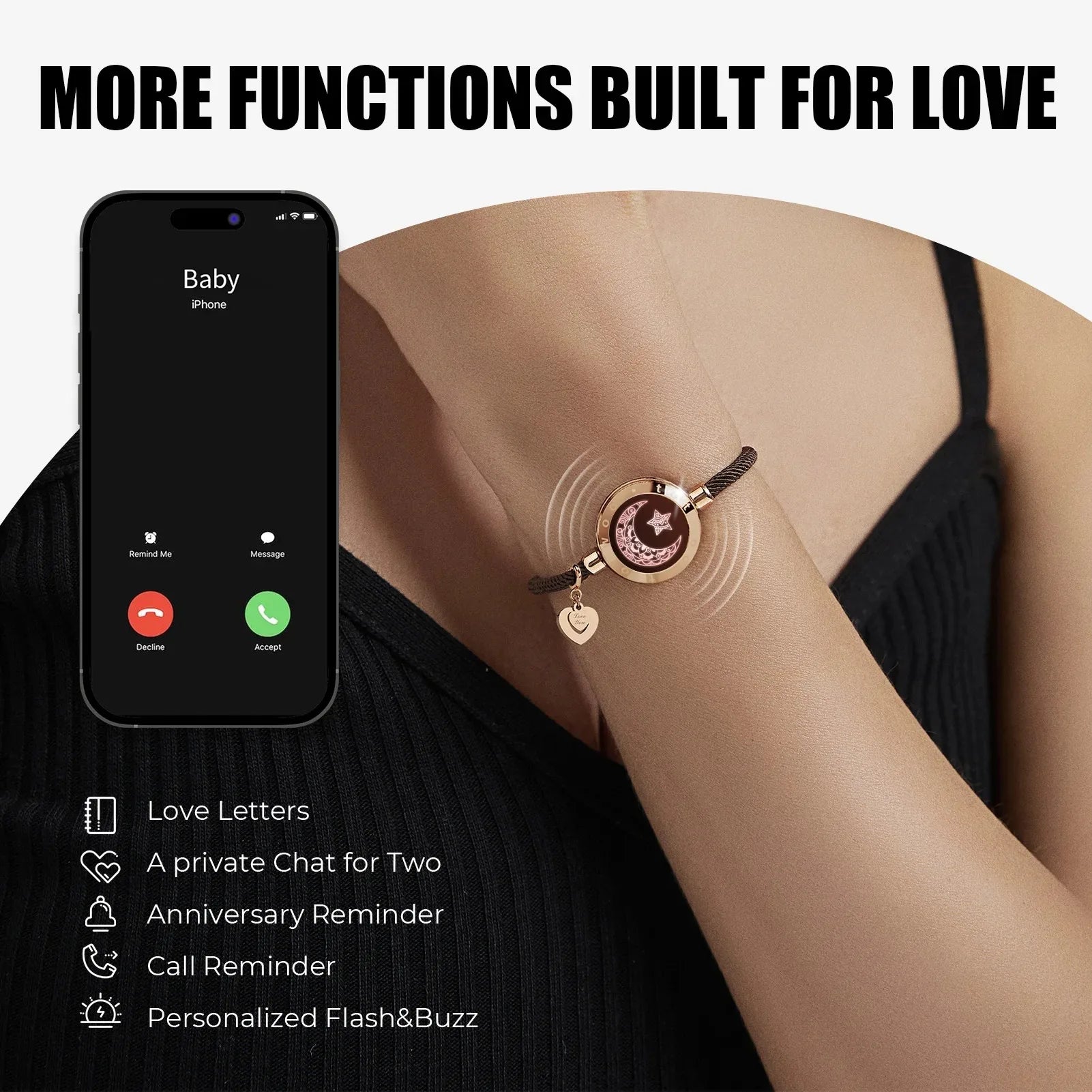 2025 Long Distance touch Light up&Vibrat Bracelets for Couples, Long Distance Relationship Gifts Smart Sun&Moon Love Bracelet