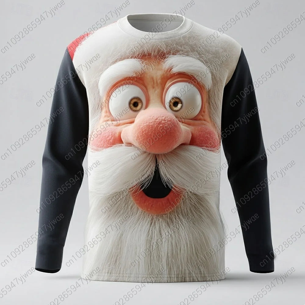 2025 Autumn Winter Christmas Men's 3D Printed Santa Claus Long Sleeve T-Shirts, Crew Neck Tees Trendy Street Style Casual Tops
