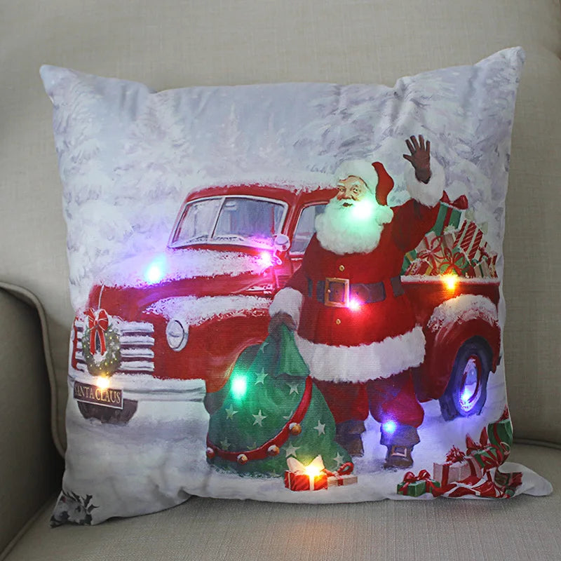 LED Light Christmas Pillow Cushions Cover Santa Elk Snowflake Xmas Lantern  Glow Pillowcase Winter Holiday Decoration