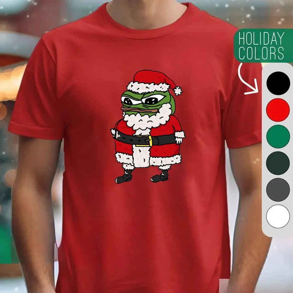 Navidad Cartoon Pepe Christmas T-Shirt Men Funny Santa Claus Frog Graphic Unisex Cotton Short Sleeve Casual Cute Streetwear Men