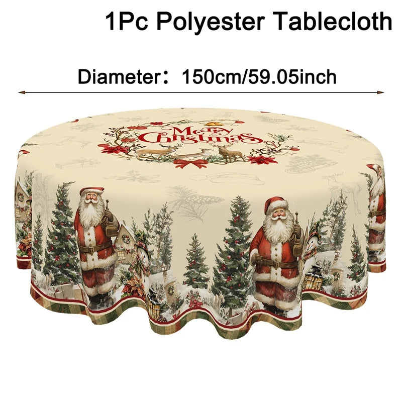 Vintage Christmas Tablecloth Rustic Santa Claus Snowman Table Cover Christmas Decorations for Home 2025 Gifts Navidad New Year