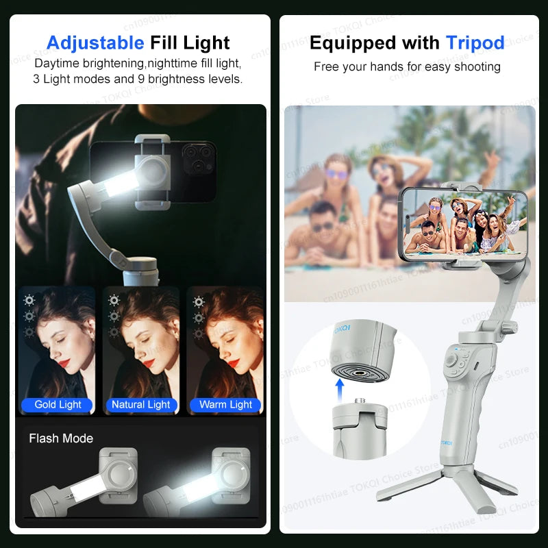 TOKQI M01 3-Axis Anti-Shake Handheld Gimbal Phone Stabilizer Foldable Holder Selfie Tripod with Fill Light for iPhone Smartphone