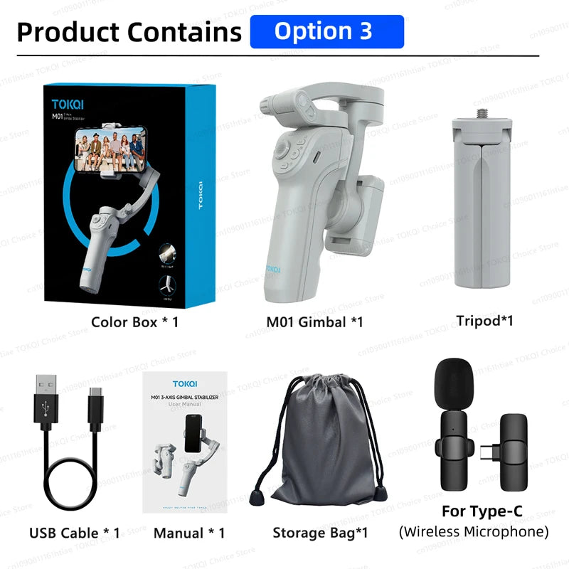 TOKQI M01 3-Axis Anti-Shake Handheld Gimbal Phone Stabilizer Foldable Holder Selfie Tripod with Fill Light for iPhone Smartphone