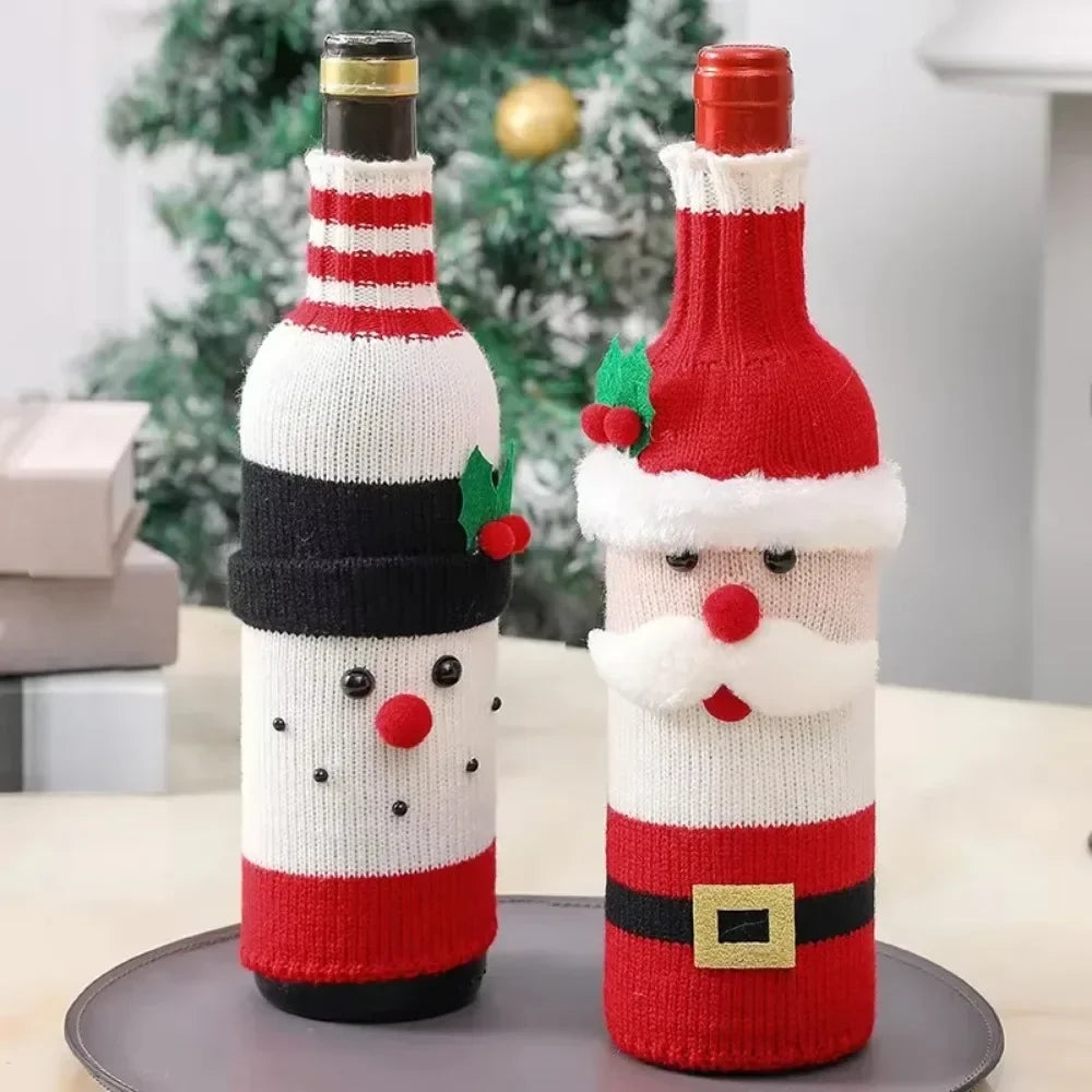 Christmas Wine Bottle Cover Set Santa Snowman Woven Wine Bottle Bags for Christmas Party Dinner Table Decorations New Year Gifts
