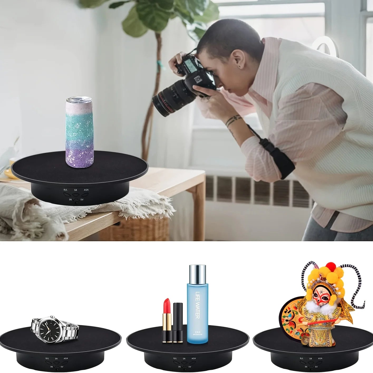 3 Speeds Electric Rotating Display Stand Mirror 360 Degree Turntable Jewelry Holder Battery/USB Power for Photography Shooting