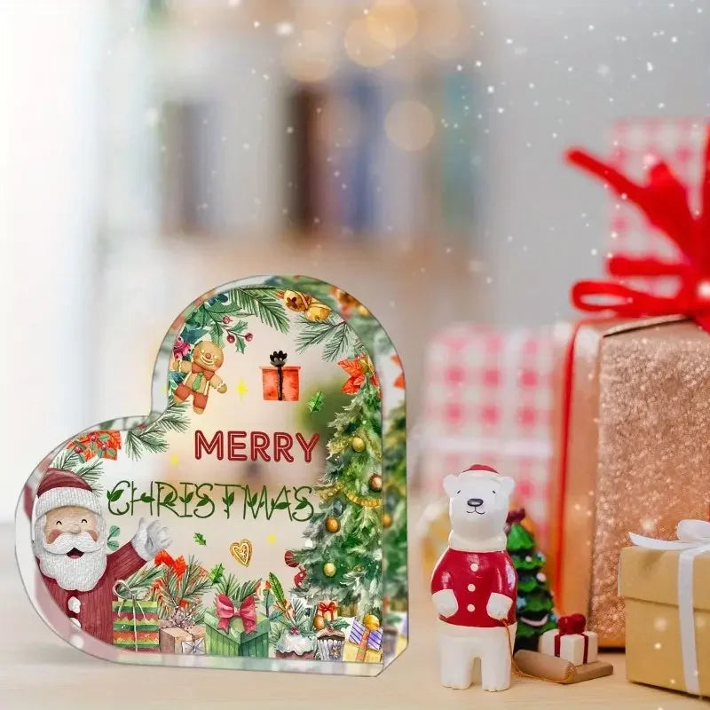 2D Flat Acrylic Christmas Heart-Shaped Tabletop Decoration - Merry Christmas Design with Santa, Gingerbread & Holiday Decoration