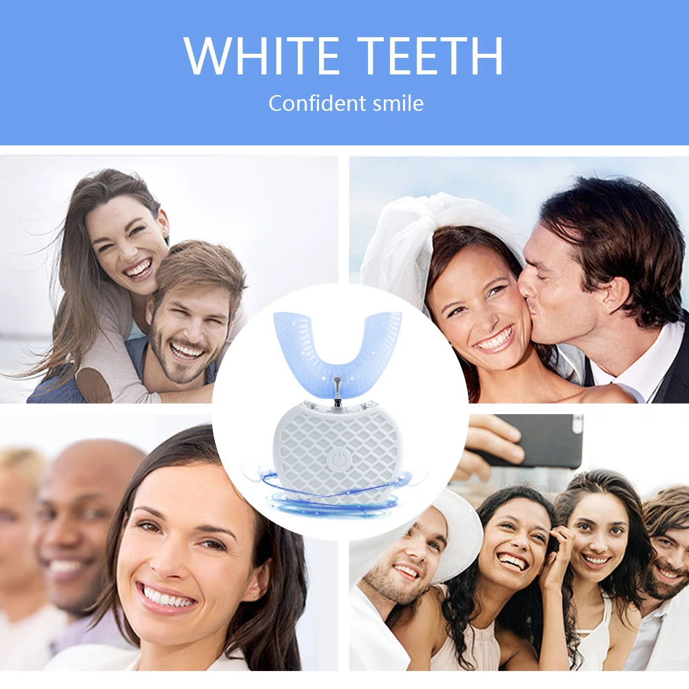 USB Rechargeable Sonic Electric Toothbrush 360 Degrees Intelligent Automatic Ultrasonic U-Shape with 4 Modes Timer + Blue Light