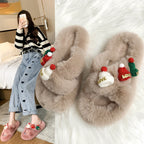 Christmas Hat Fluffy Slippers Women's Warm Toe Covering Cotton Slippers