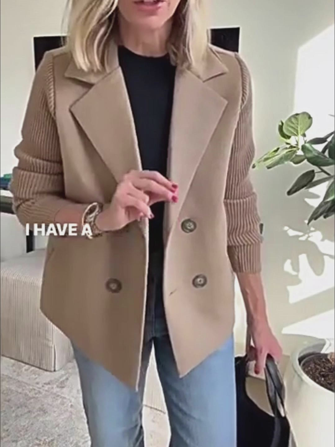 Double Breasted Lapel Jacket Fashion Knitted Sleeves Splicing Design Coat Outerwear Women's Clothing